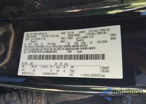 2020 Ford F-150 Xl из США, поврежденный, VIN 1FTEW1E51LFB05355